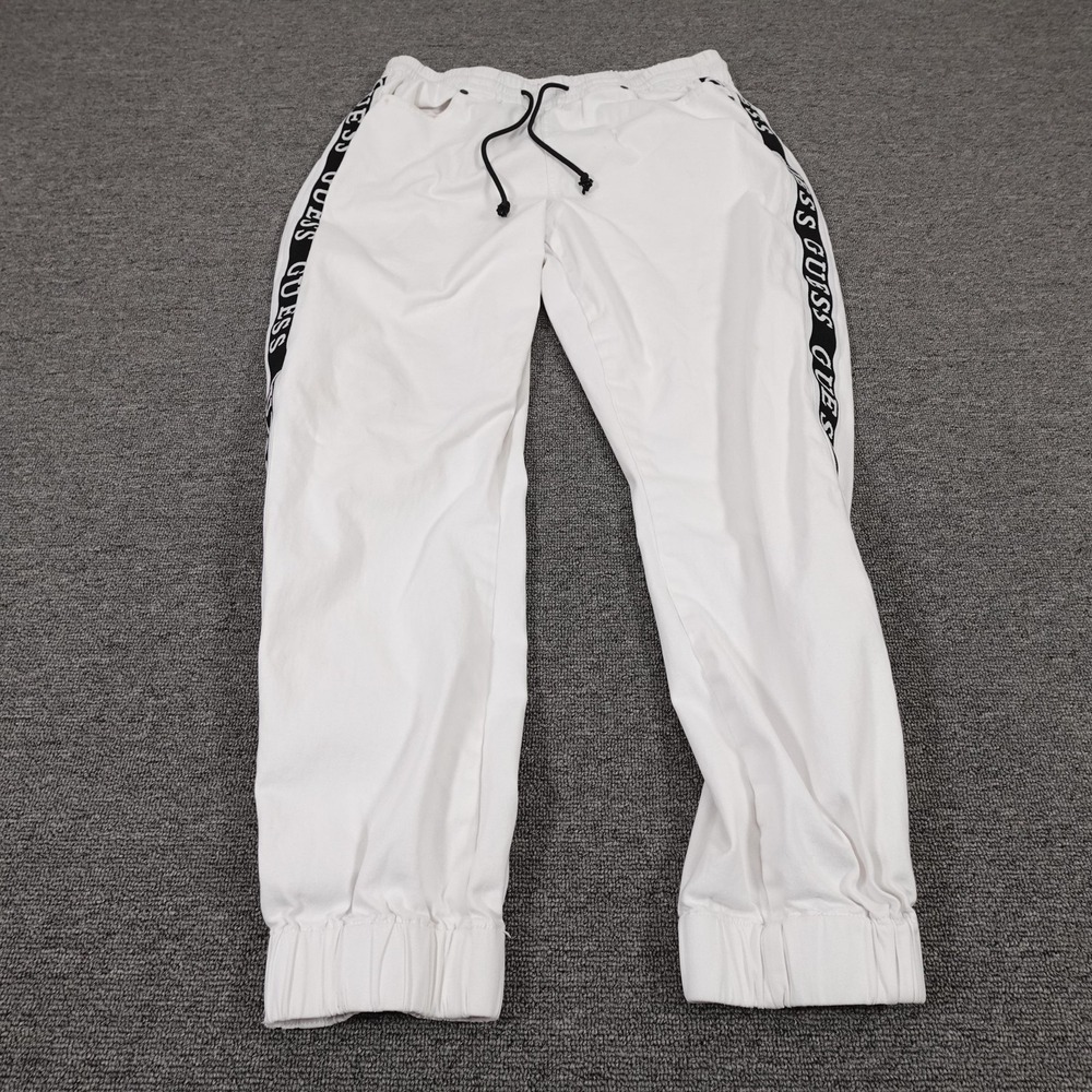GUESS Jogger Pants Womens Medium White Logo Side Stripe Elastic Waist Cuffs